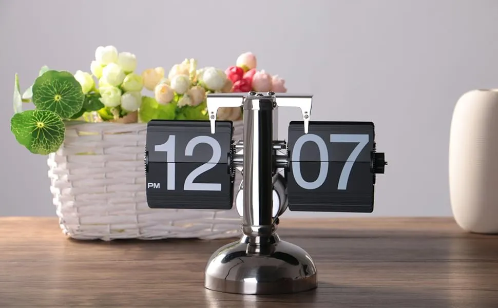 OBIXO Metal Flip Desk Clock (Black), Retro Vintage Design Auto Flip Clock Desk Clock Table Clock Large Number Battery Powered Internal Gear Operated - Analog, 8.3 Inch (Black)