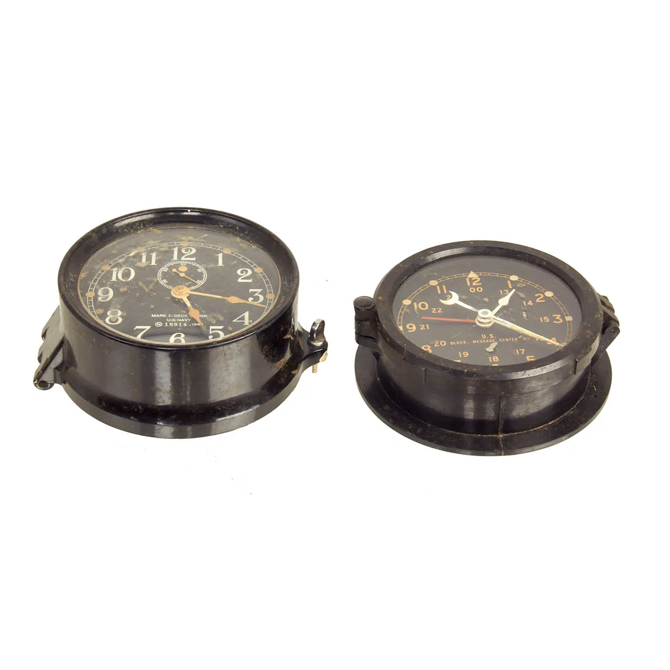 Original U.S. Military Clock Set: 1942 Dated WWII U.S. Navy Deck Clock & WWII Type U.S. Army M2 Message Center Clock