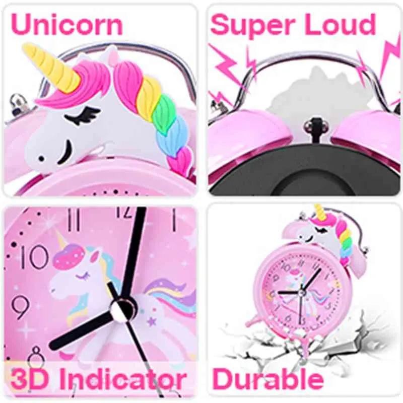 Pink Unicorn Kids Alarm Clock Double Bell Clock with Backlight Cute Desk Clock Home Decoration Kid Gifts