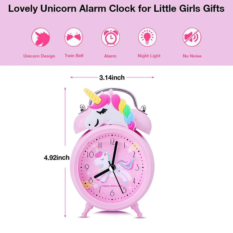 Pink Unicorn Kids Alarm Clock Double Bell Clock with Backlight Cute Desk Clock Home Decoration Kid Gifts