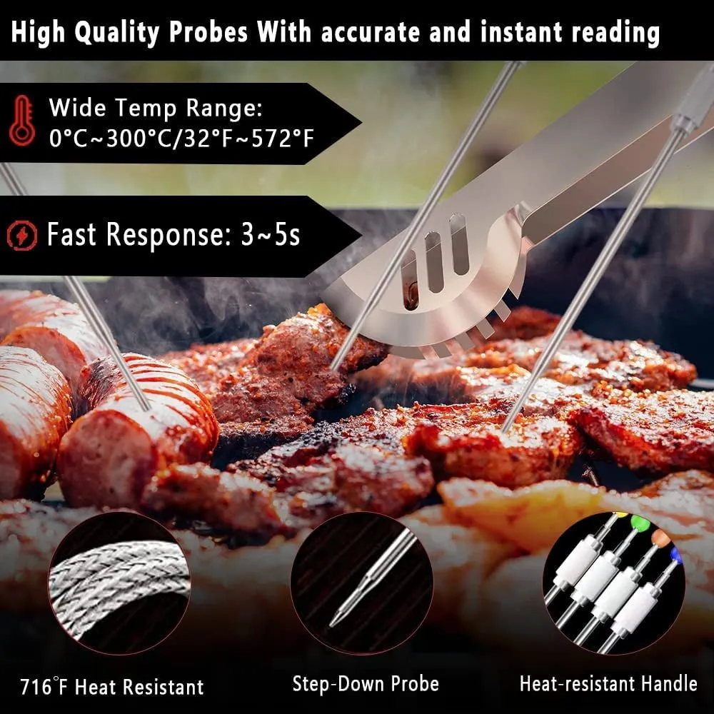 Rilitor Wireless Meat Thermometer Digital Bluetooth Food Grill Thermometers for Kitchen Smoker Oven Grill with 328Ft/100M Remote Range (4 Probes)