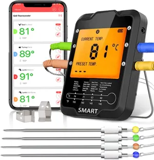 Rilitor Wireless Meat Thermometer Digital Bluetooth Food Grill Thermometers for Kitchen Smoker Oven Grill with 328Ft/100M Remote Range (4 Probes)