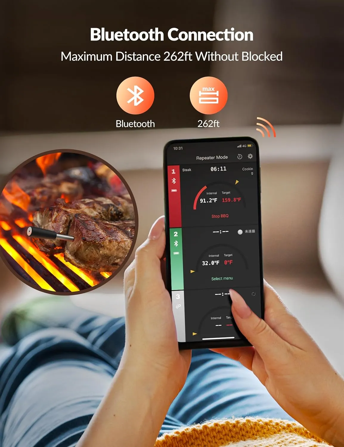 Smart Wireless Meat Thermometer - Bluetooth, Alert, 262ft Range, IP67 Waterproof - Dishwasher Safe for Smoker, BBQ, Kitchen