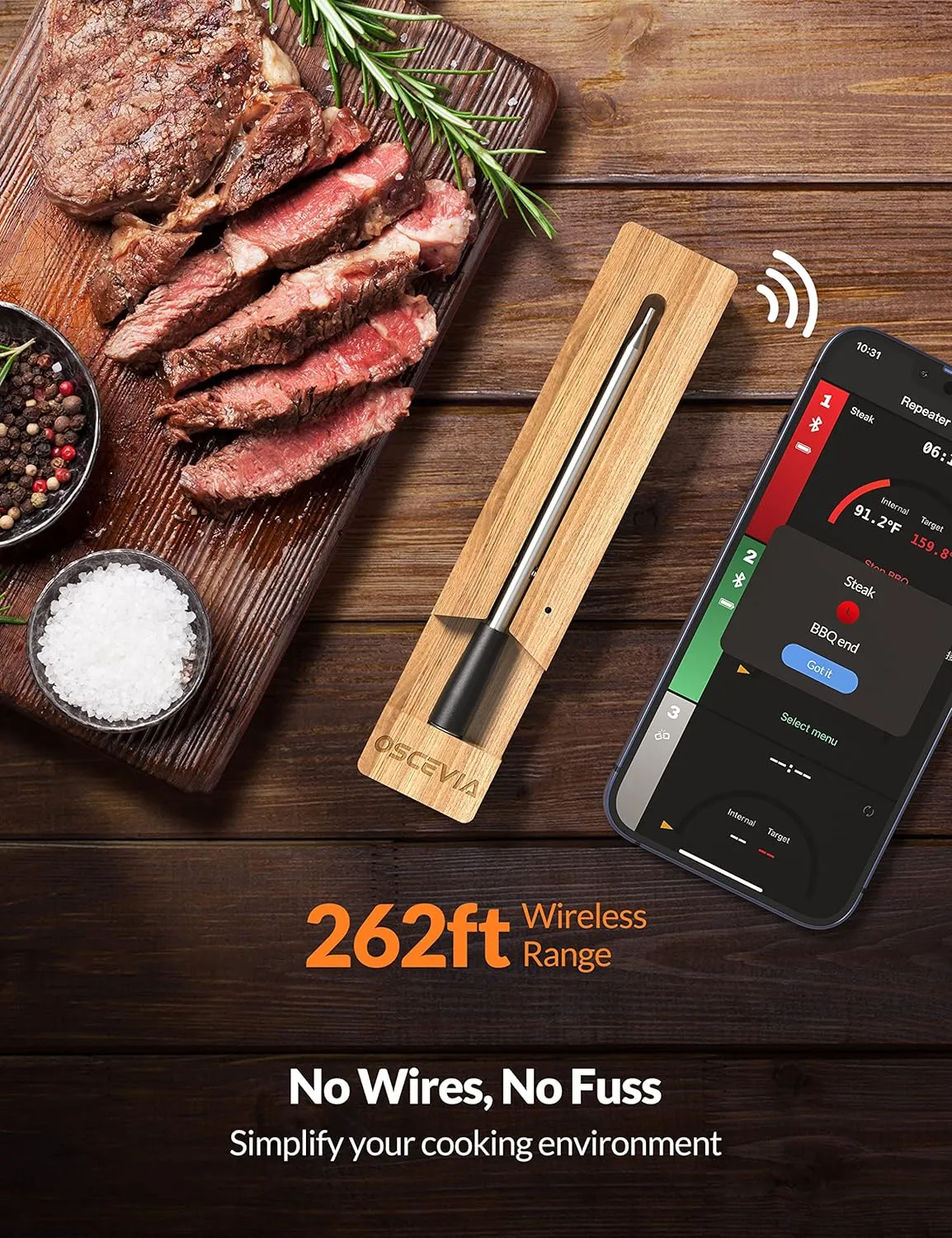 Smart Wireless Meat Thermometer - Bluetooth, Alert, 262ft Range, IP67 Waterproof - Dishwasher Safe for Smoker, BBQ, Kitchen