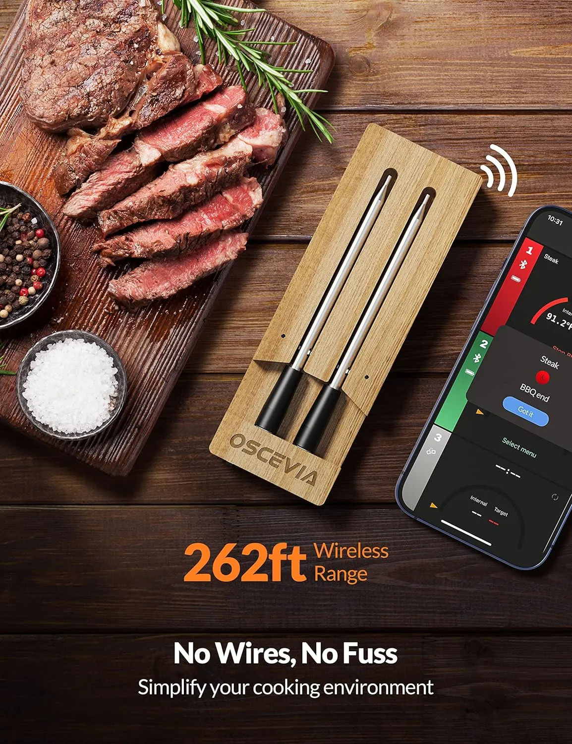 Smart Wireless Meat Thermometer - Bluetooth, Alert, 262ft Range, IP67 Waterproof - Dishwasher Safe for Smoker, BBQ, Kitchen