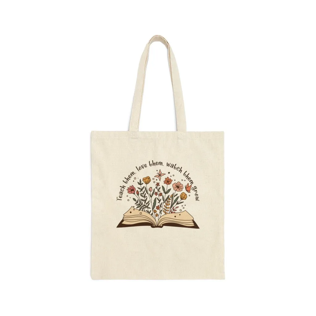 Teacher Flower and Book Cotton Canvas Tote