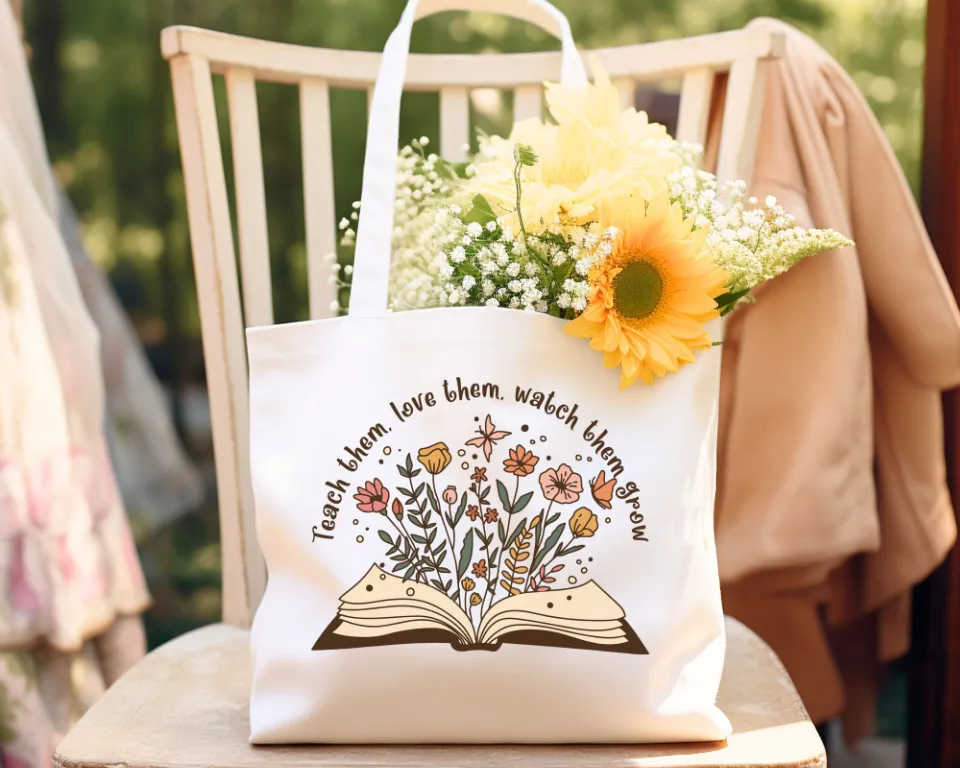 Teacher Flower and Book Cotton Canvas Tote