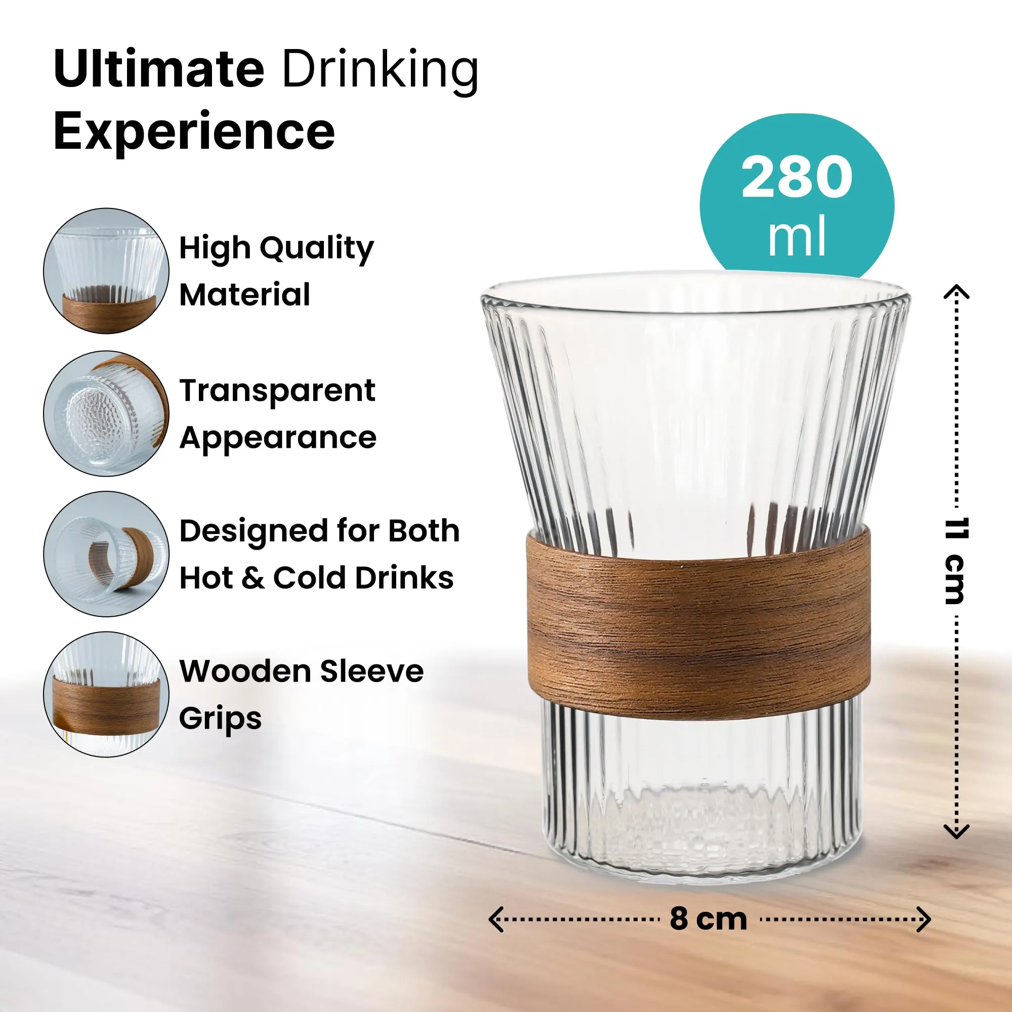 The Better Home Glass Tea and Coffee Mugs | 280ml Each | Pack of 4 | House Warming Gifts| Tea Cup Set | Lead-Free Glass Cups with Anti Slip Wooden Sleeves for Hot & Cold Beverages | Mugs for Coffee