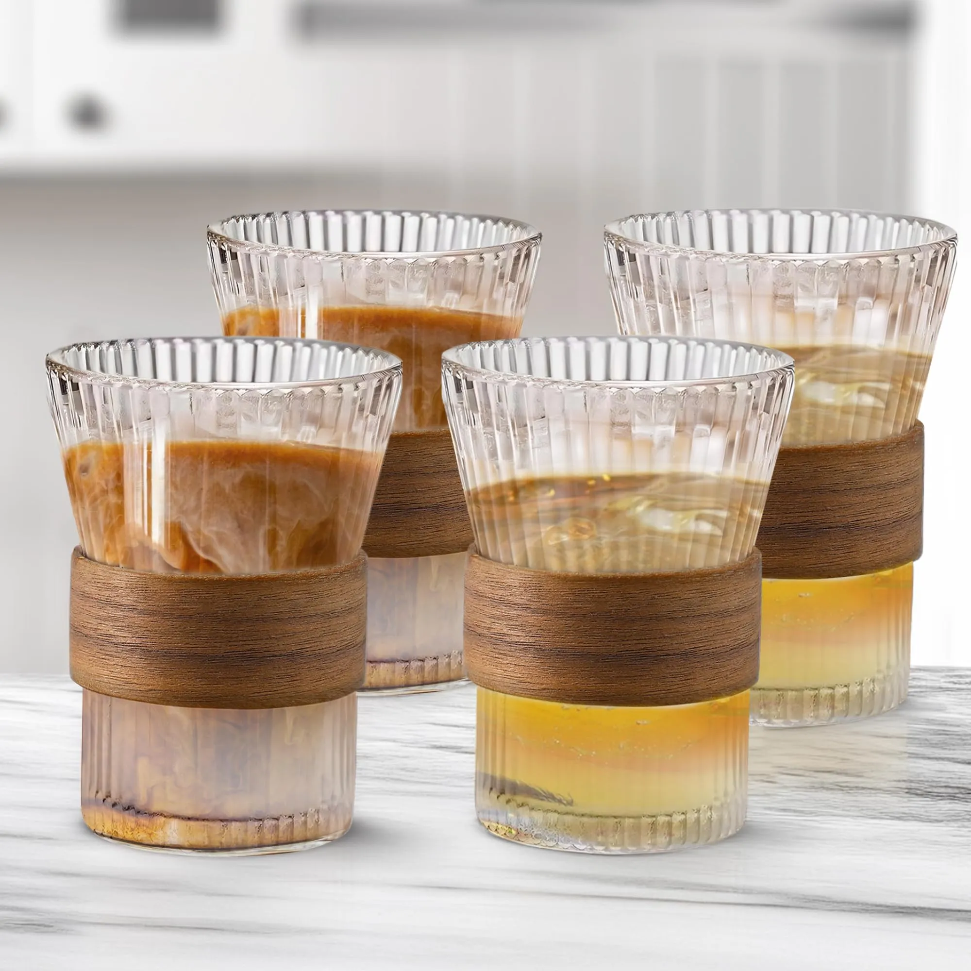 The Better Home Glass Tea and Coffee Mugs | 280ml Each | Pack of 4 | House Warming Gifts| Tea Cup Set | Lead-Free Glass Cups with Anti Slip Wooden Sleeves for Hot & Cold Beverages | Mugs for Coffee