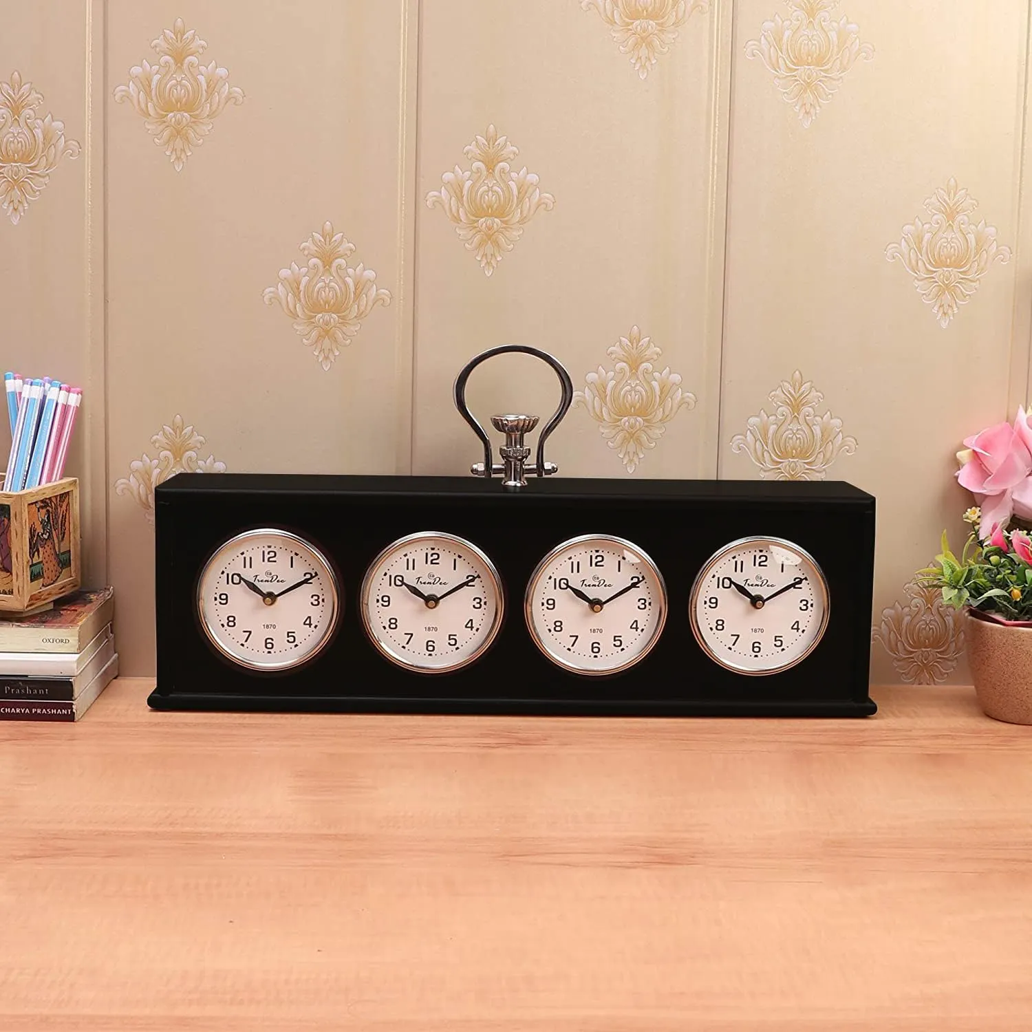 TrenDec Nickel and Brown Wooden | World Timer Table Clock | 4 Time Zones | White Dials & Black Body | Decorative Table Clock (21Lx04Wx11) (with Handle) inch Size