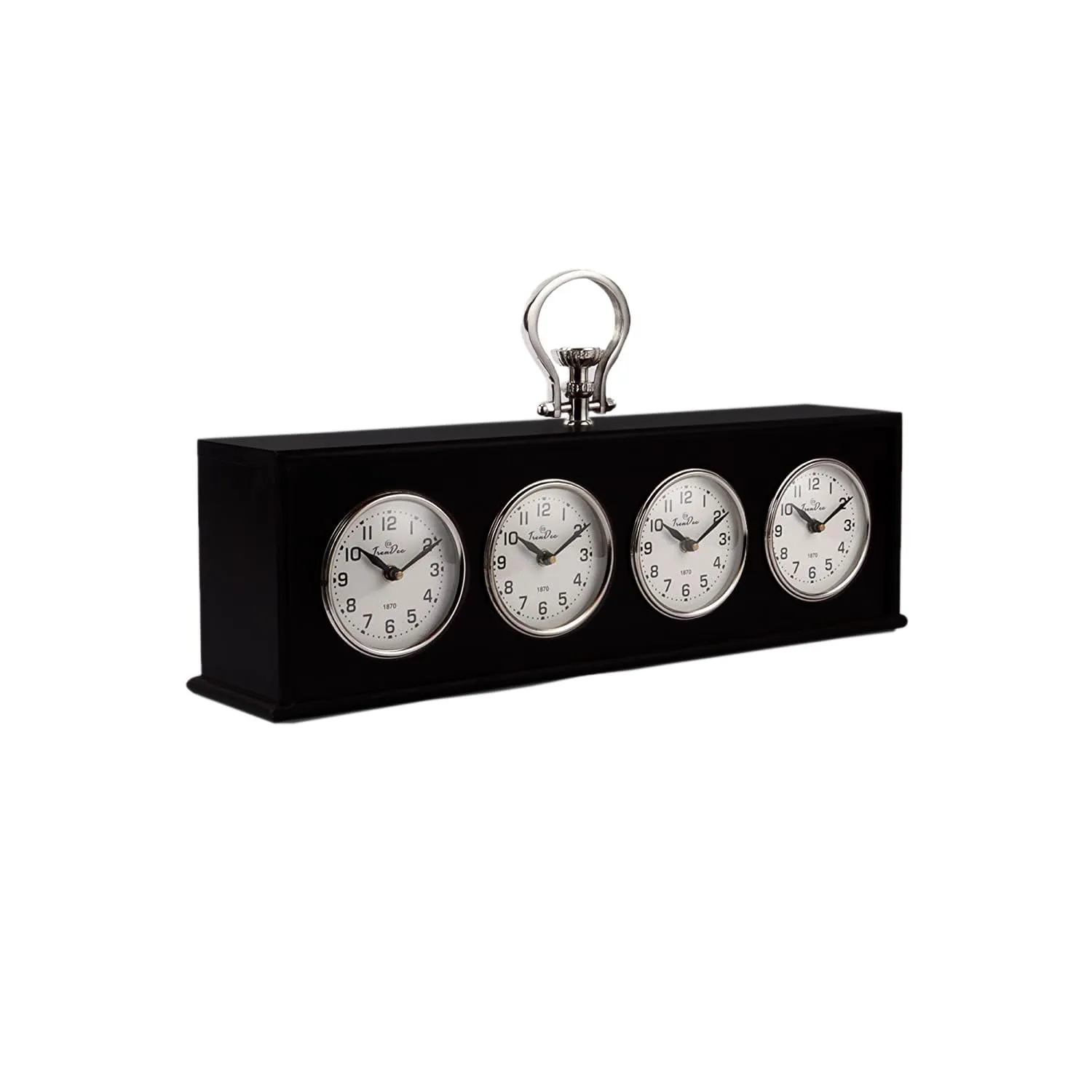 TrenDec Nickel and Brown Wooden | World Timer Table Clock | 4 Time Zones | White Dials & Black Body | Decorative Table Clock (21Lx04Wx11) (with Handle) inch Size