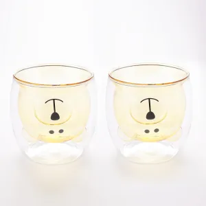 UMAI Cute Teddy Bear Glass Mug Set of 2 I Double Walled Borosilicate 250ml I Transparent I Microwave Safe I Scratch Proof I Coffee Mugs for Couples I Yellow I Gift for Friends, Family and Loved Ones