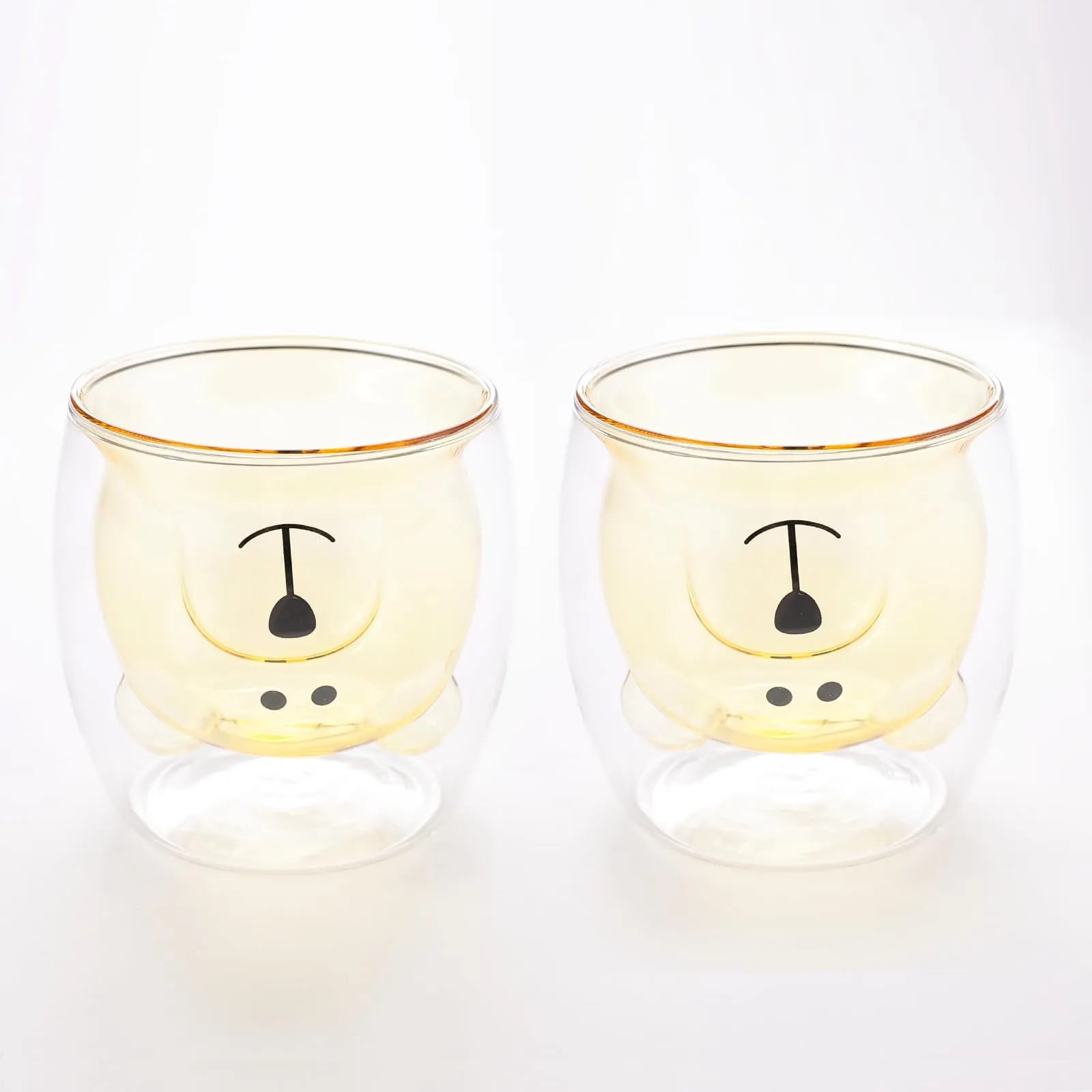 UMAI Cute Teddy Bear Glass Mug Set of 2 I Double Walled Borosilicate 250ml I Transparent I Microwave Safe I Scratch Proof I Coffee Mugs for Couples I Yellow I Gift for Friends, Family and Loved Ones