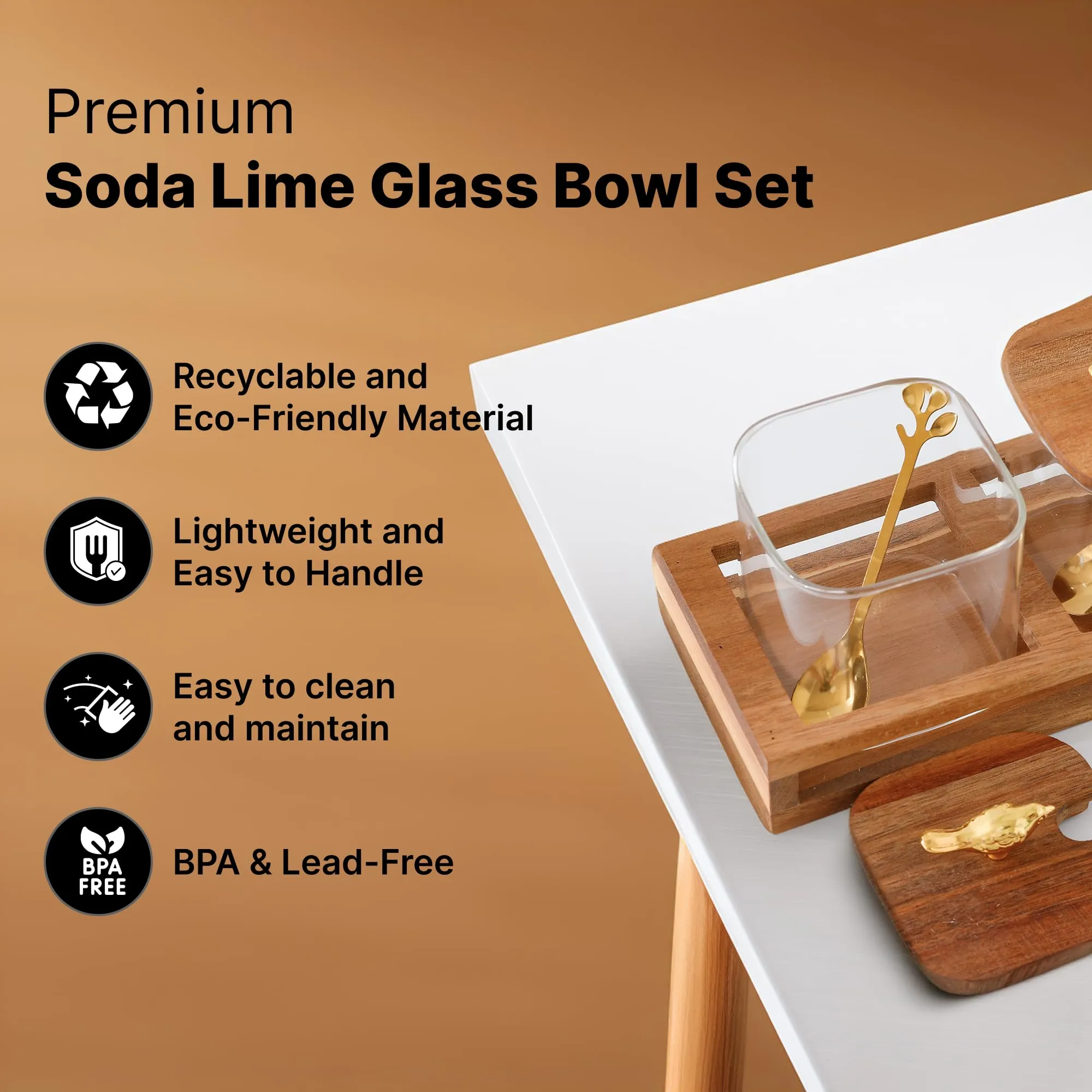 UMAI Platters Serving Set For Snacks With Wooden Tray, Spoon, 3Jars (380ml each) | Premium Soda Lime Glass | Snacks Serving Bowls With Tray | Serving Tray With Bowls For Snacks | Gift For Housewarming