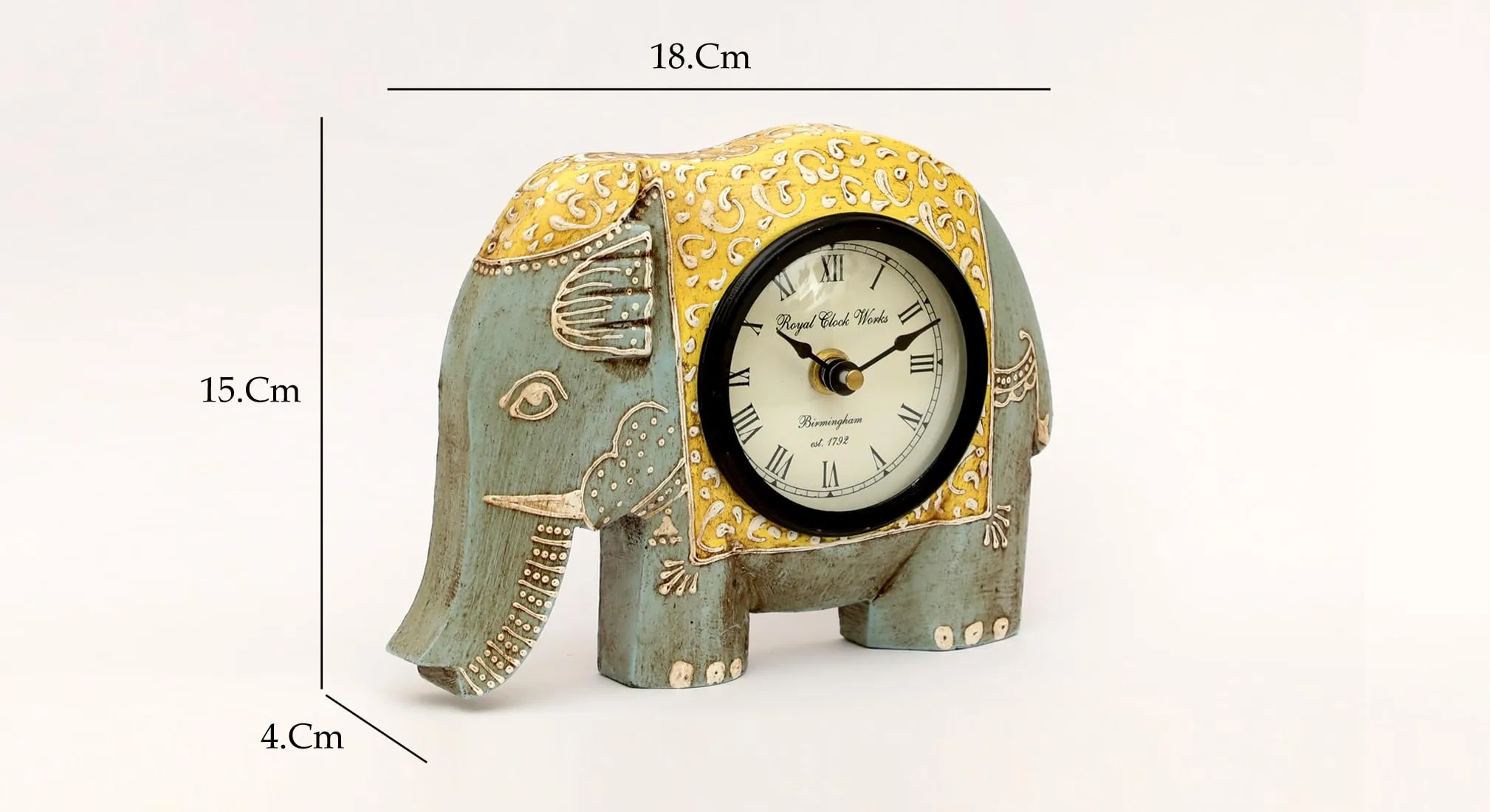 vedas Grey Helena Elephant Handpainted Wooden Table Clock with Dial Silent Non-Ticking Small Clock, 7 x 6 cm, Battery Operated, for Bedroom, Bedside, Desk