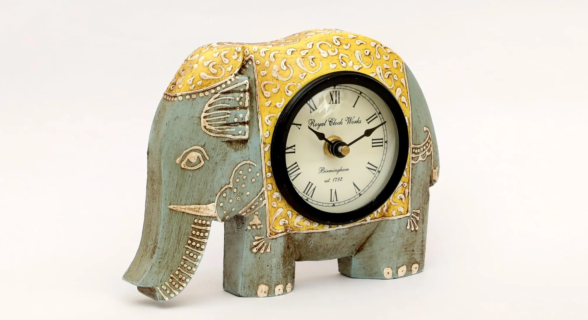 vedas Grey Helena Elephant Handpainted Wooden Table Clock with Dial Silent Non-Ticking Small Clock, 7 x 6 cm, Battery Operated, for Bedroom, Bedside, Desk