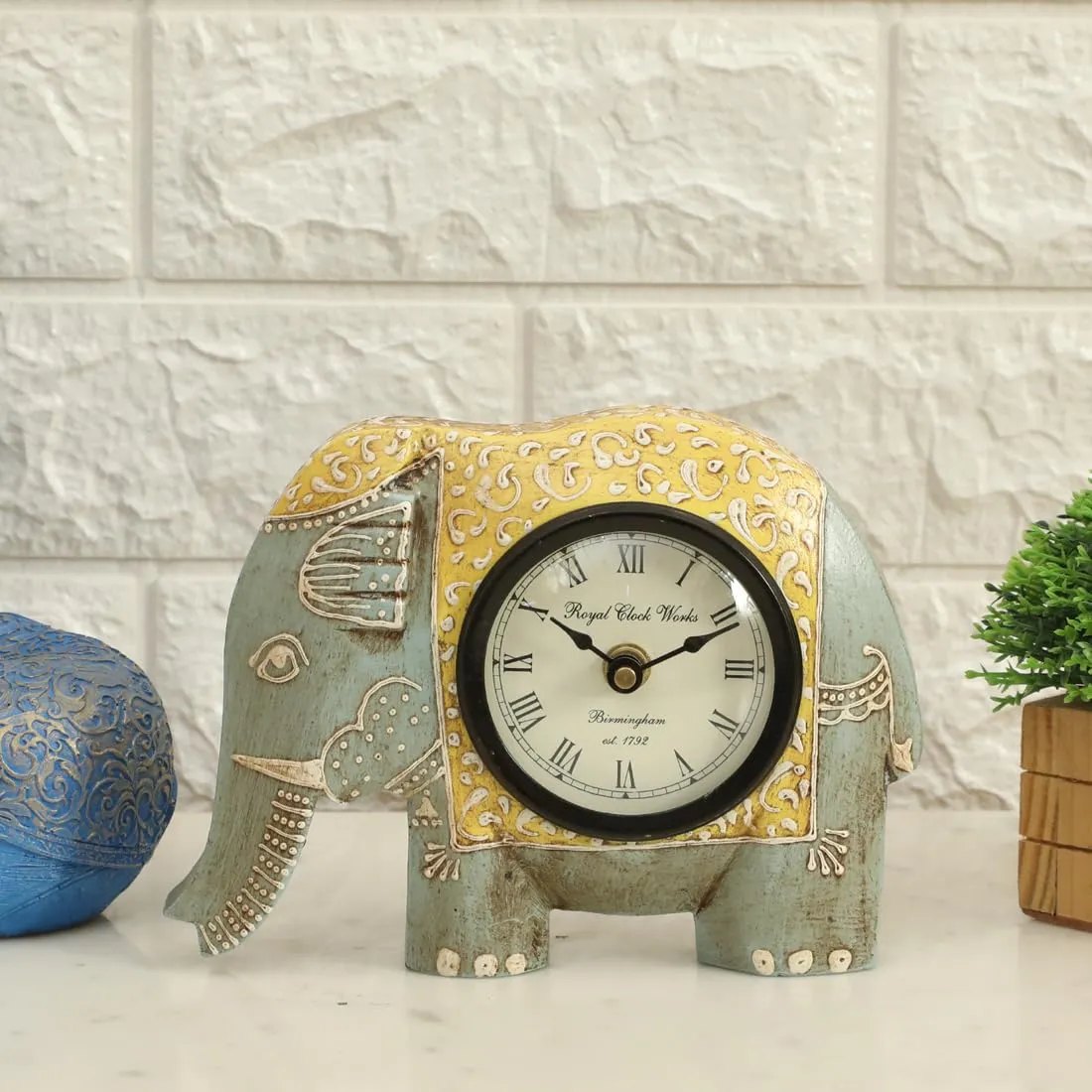 vedas Grey Helena Elephant Handpainted Wooden Table Clock with Dial Silent Non-Ticking Small Clock, 7 x 6 cm, Battery Operated, for Bedroom, Bedside, Desk