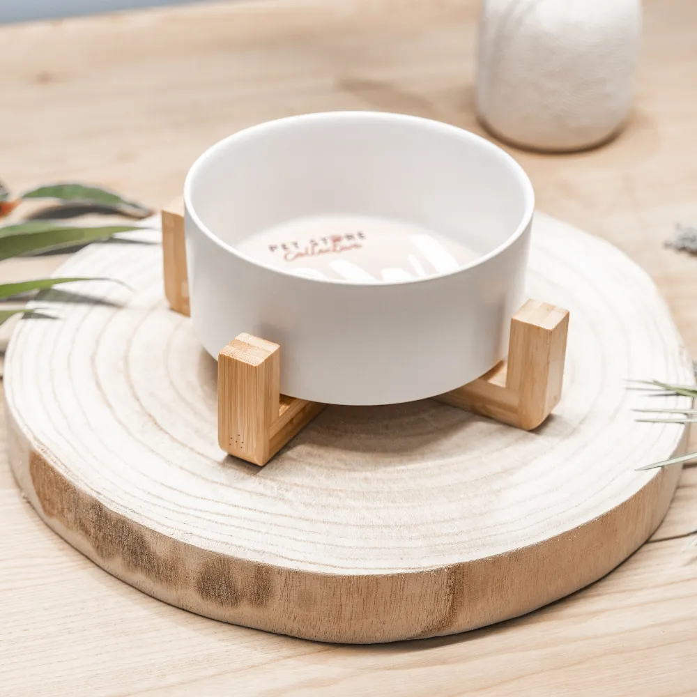 White Cloud Ceramic Pet Bowl with Bamboo Base